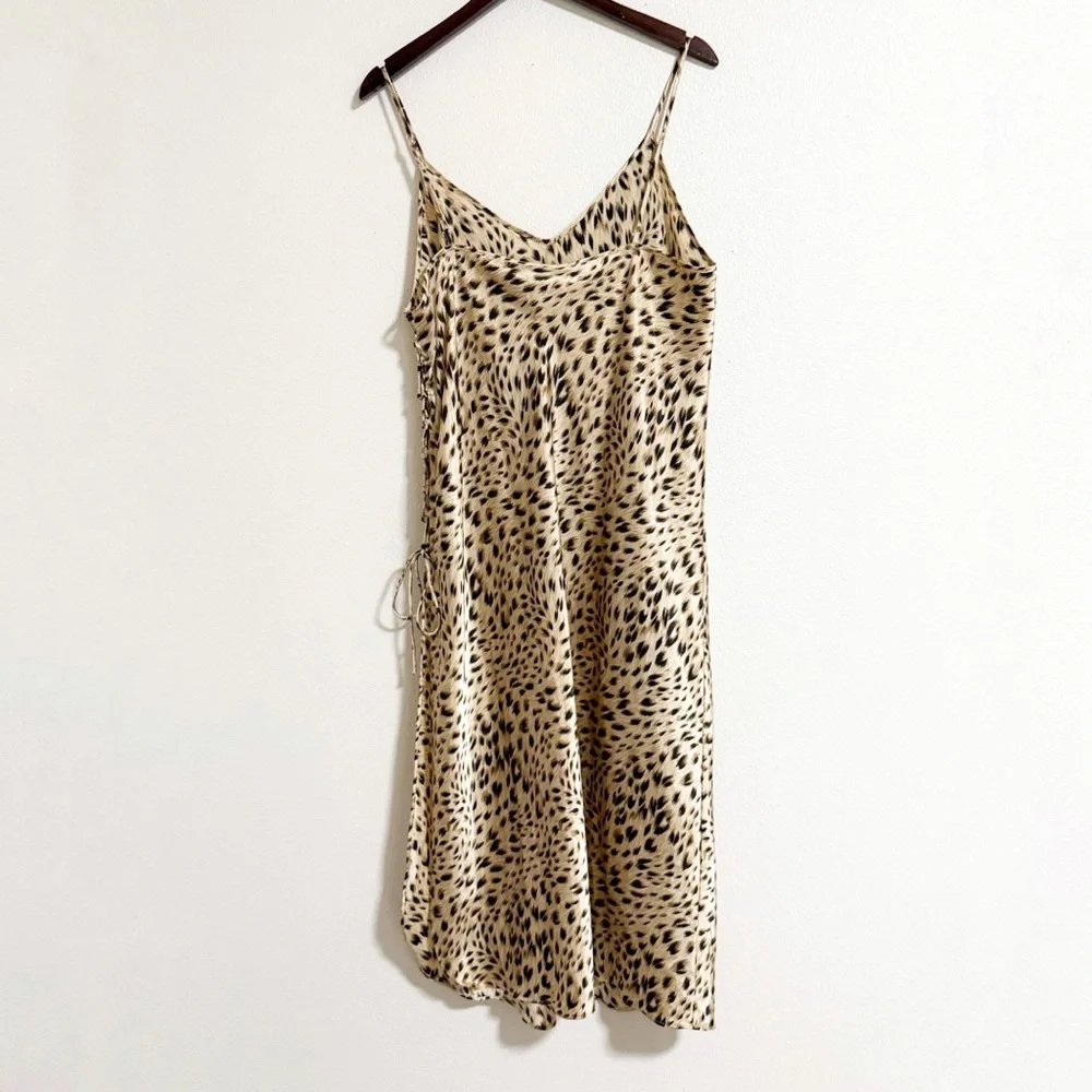 Secret Treasures Leopard Print Satin Lace Up Midi Slip Dress Chemise Nightgown